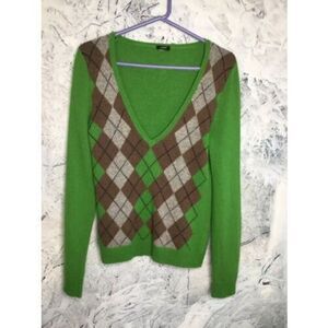 Vtg J. Crew Women's Medium Pullover Green‎ Argyle Pattern V-neck Wool Sweater